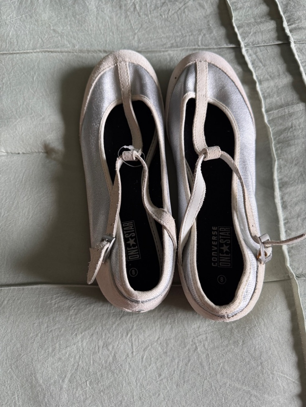 Converse Silver T-Strap Ballet Flats with Cream Trim Size 8